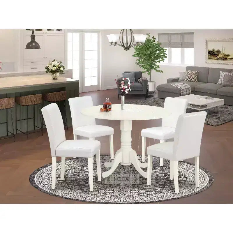 Ensemble table de cuisine ronde 5 pièces, table de 106 cm avec rallonges et 4 chaises Parsons - Similicuir PU Blanc