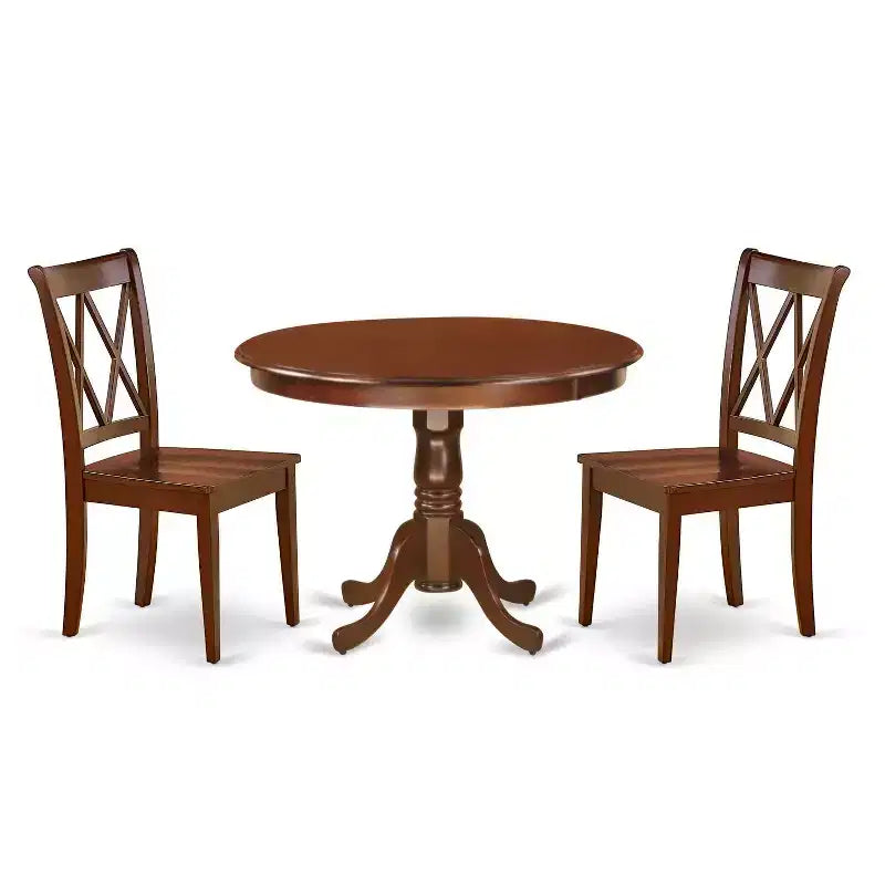 Antique Round Dining Set - 42 Inch Table with 2 Double X Back Chairs - Home Decor