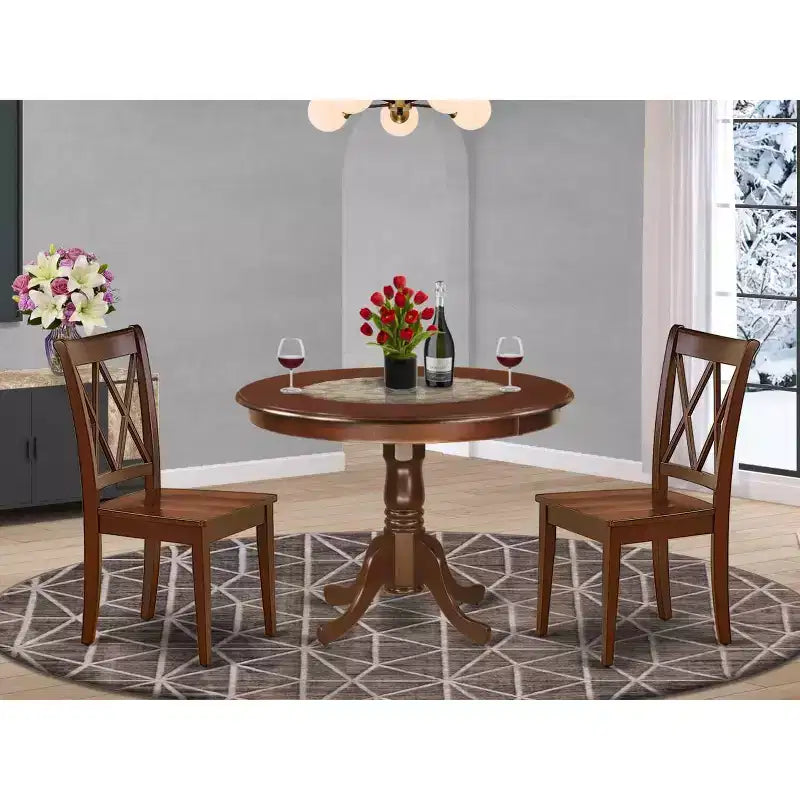 Salle à manger ronde antique - Table de 42 pouces avec 2 chaises à dossier double X - Décoration intérieure