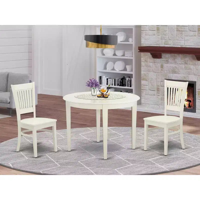 Ensemble de salle à manger 3 pièces avec chaises - Table ronde en bois et style Mid-Century - Fini blanc lin
