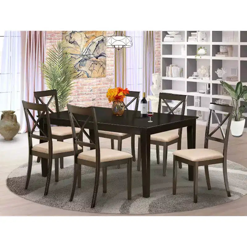 Ensemble table de salle à manger avec 6 chaises - Ensemble de cuisine en bois massif - Finition Cappuccino - Table avec rallonge