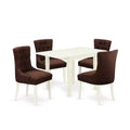 Vintage Dinette Set 5Pcs - Parson Chairs & Table - Linen White Wood - Chocolate Fabric
