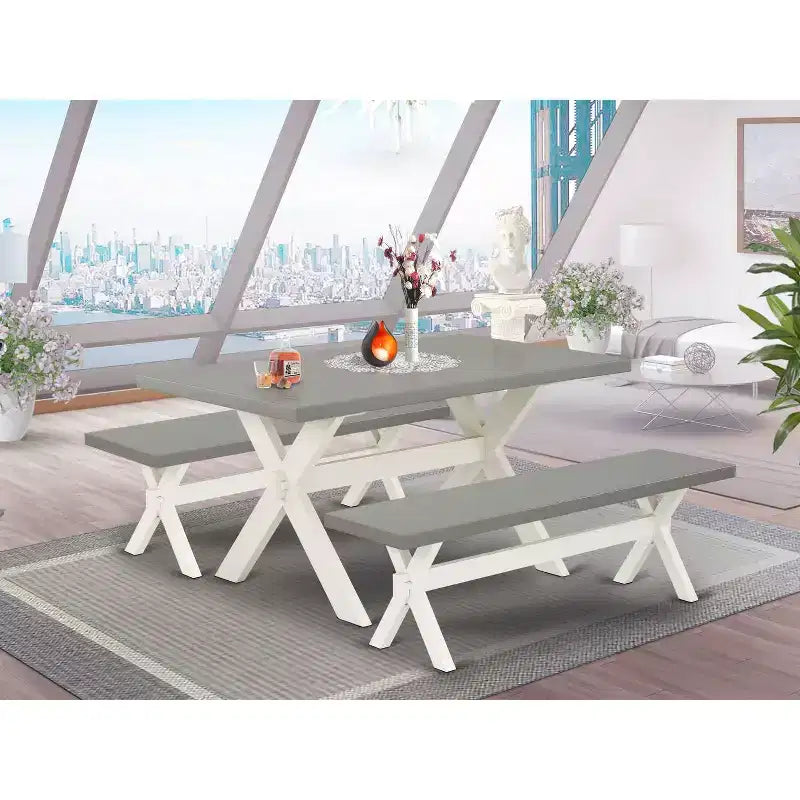 Table à manger HomeStock 3 pièces, plateau rectangulaire en bois massif finition chêne naturel avec 2 bancs