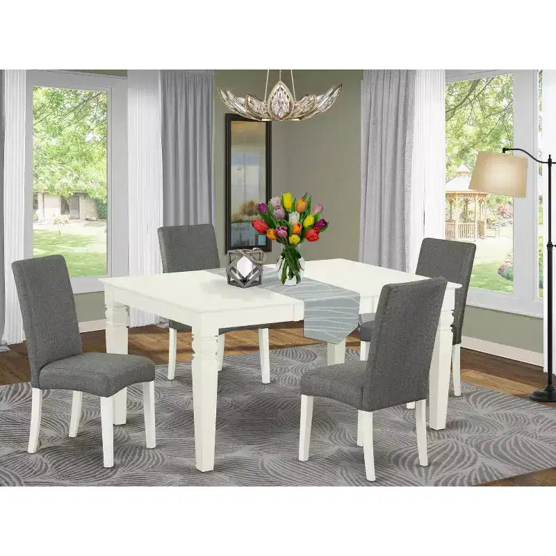 Ensemble table de cuisine 5 pièces Table rectangulaire avec rallonge et 4 chaises – Pieds blanc lin, tissu gris