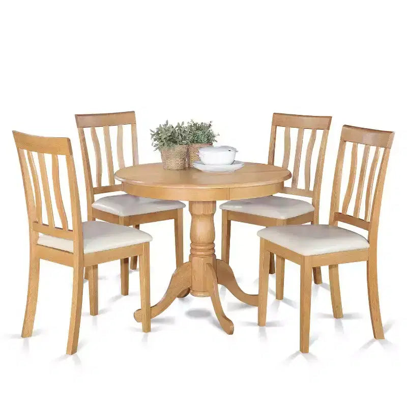 5-Piece Round Natural Oak Finish Solid Wood Top Dining table with 4 Chairs with