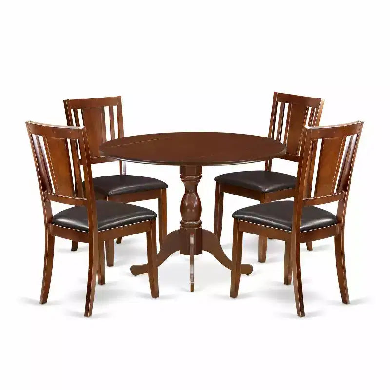 HomeStock 5-Piece Mahogany Finish Solid Wood Top Dining table with 4-Chairs with Drop Leaf Lattice Back