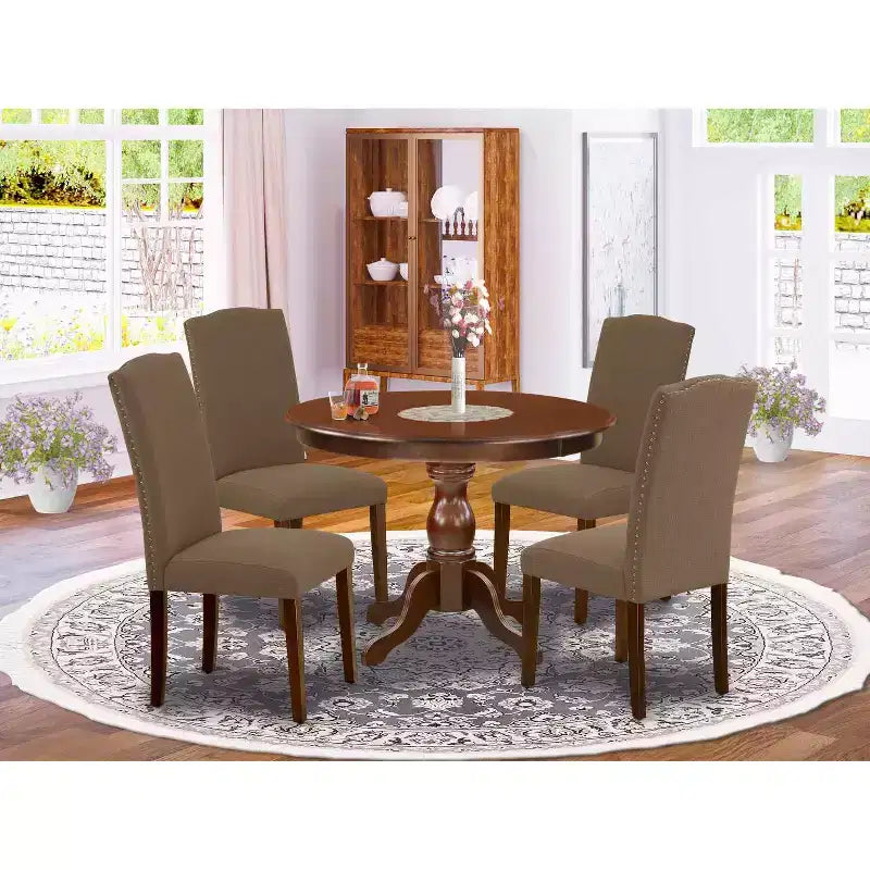 Table à manger 5 pièces avec plateau en bois massif finition acajou et 4 chaises avec