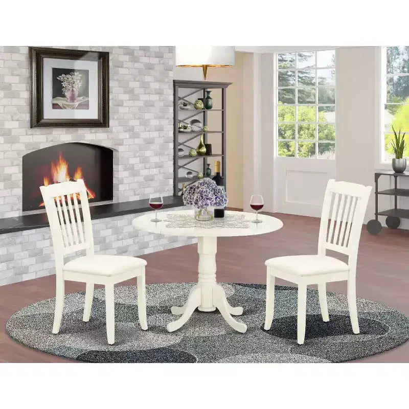 Ensemble de salle à manger rond avec table à rallonges et 2 chaises de salle à manger en lin – Finition blanche