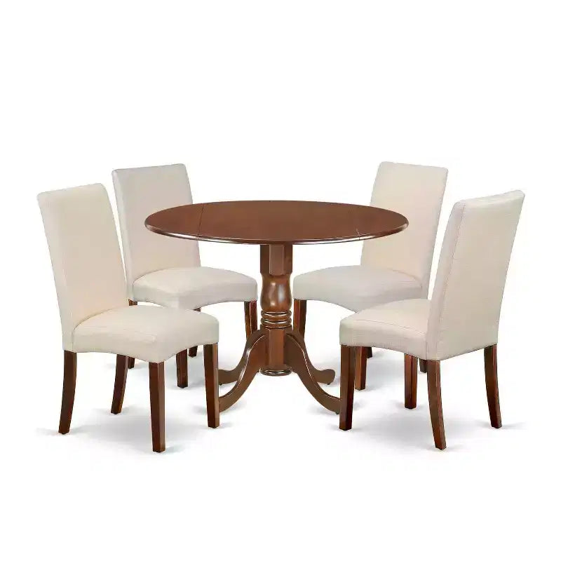 Boho Kitchen Table Set 5pc Round 42 Table w/ Drop Leaves & 4 Cream Linen Chairs
