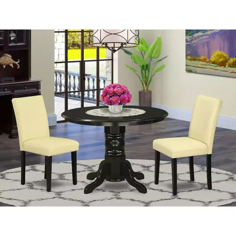 Ensemble table de salle à manger ronde 3 pièces table de 42 pouces avec 2 chaises Parsons - Similicuir PU couleur crème et pieds noirs