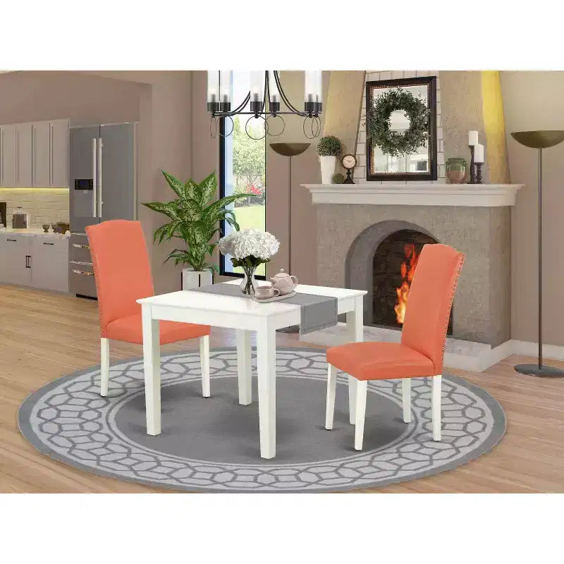 Ensemble de salle à manger carré Flamant rose, table de 36 pouces et 2 chaises Parsons, pieds en lin blanc, cuir PU
