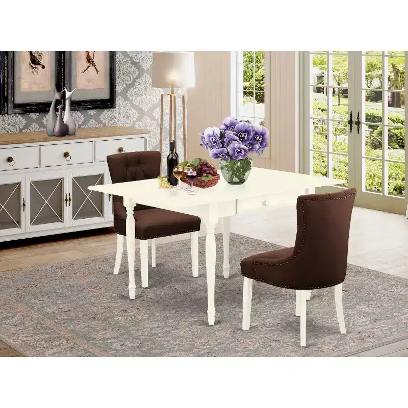 Ensemble de salle à manger 3 pièces HomeStock avec plateau en bois massif finition blanc lin et table à rabats