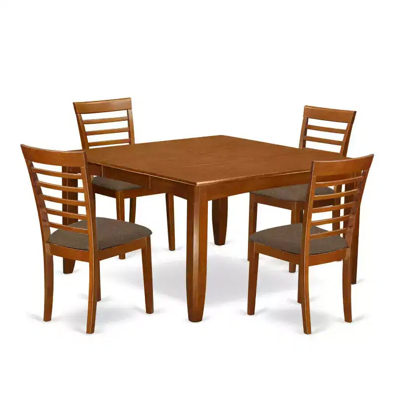 HomeStock 5-Pc Square Saddle Brown Finish Solid Wood Top Dining table with 4 Chairs