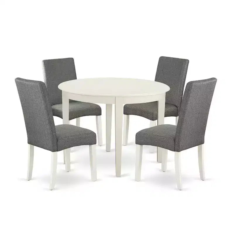 Modern Dining Set 5 Piece - Round Kitchen Table & 4 Fabric Chairs - 42 Inch - Linen White