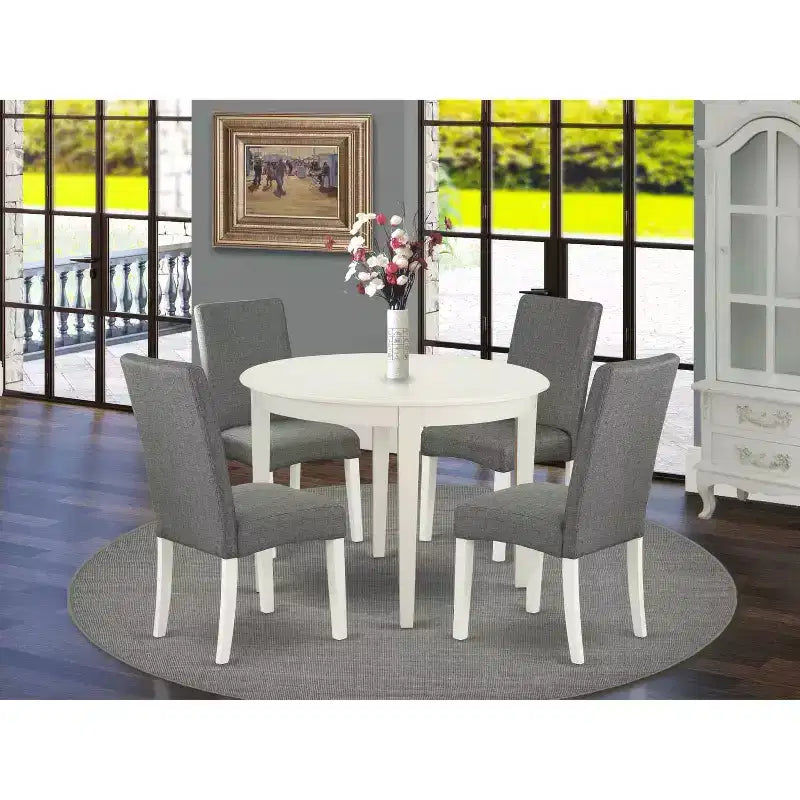 Ensemble de salle à manger moderne 5 pièces - Table de cuisine ronde et 4 chaises en tissu - 106 cm - Blanc lin