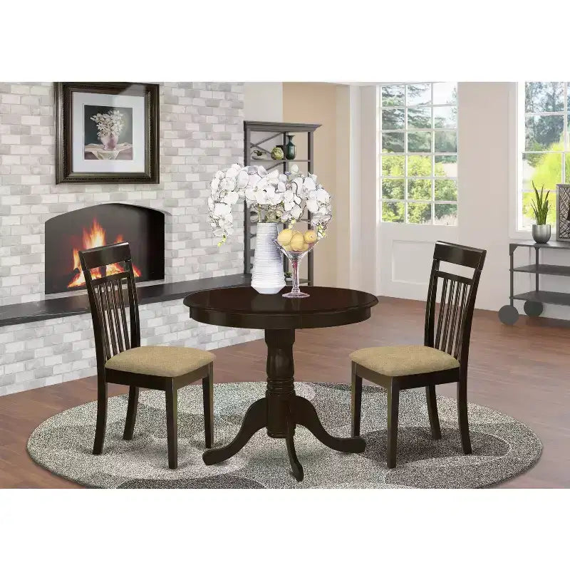 Ensemble Table et Chaises de Cuisine - Chaises en Bois - Table Finition Cappuccino - Assise en Lin - Petite Table Ronde