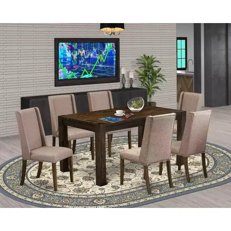 Table de salle à manger HomeStock 7 pièces rectangulaire en bois massif finition jacobéen vieilli avec 6 chaises Parson