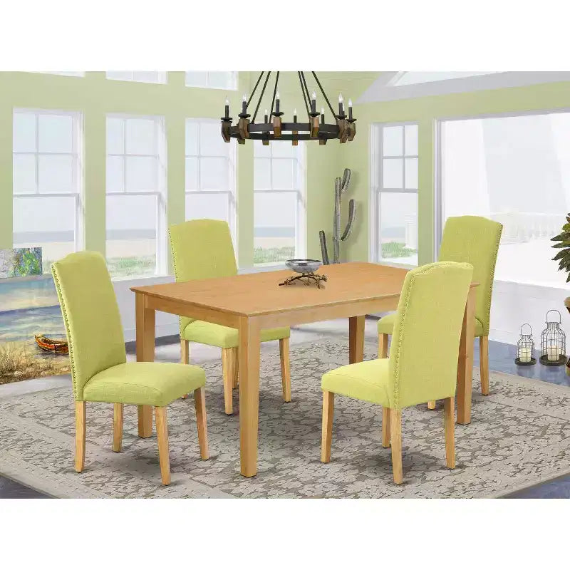 Ensemble de salle à manger victorien - Table rectangulaire 5 pièces et 4 chaises - Tissu en lin vintage - Pieds en chêne - Table 60