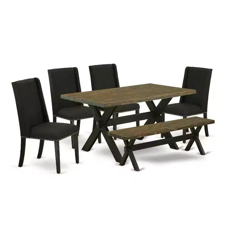 HomeStock 6-Pc Rectangle Distressed Jacobean Finish Solid Wood Top Dining Table with 1-Bench, 4-Chairs