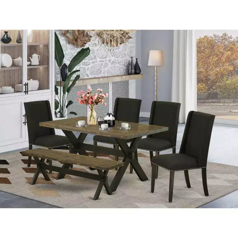HomeStock Table à manger 6 pièces rectangulaire en bois massif finition jacobine vieillie avec 1 banc et 4 chaises