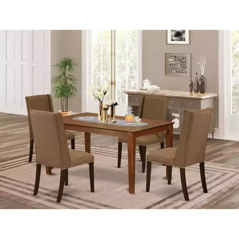 Ensemble de salle à manger 5 pièces - Table de salle à manger et 4 chaises - Assise en tissu moderne - Finition marron-beige