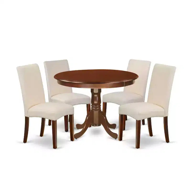 Round Dinette Set 5Pc - 42 Inch Table & 4 Parsons Chairs - Cream Linen Fabric - Mahogany Legs - Home Dining Room