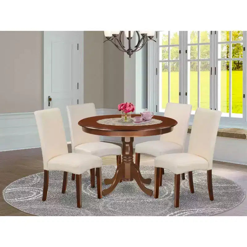 Ensemble de salle à manger rond 5 pièces - Table de 42 pouces et 4 chaises Parsons - Tissu lin crème - Pieds acajou - Salle à manger maison