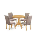 Round Dining Table Set 5pc - 36 Table & 4 Chairs - Rustic Oak Finish - Linen Fabric Dark Khaki