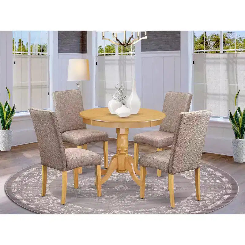 Ensemble table à manger ronde 5 pièces - Table 91cm & 4 chaises - Finition Chêne Rustique - Tissu Lin Kaki Foncé