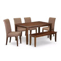 Rustic Kitchen Table Set 6 Chairs Bench Linen Brown Farmhouse Dining Room Furniture
