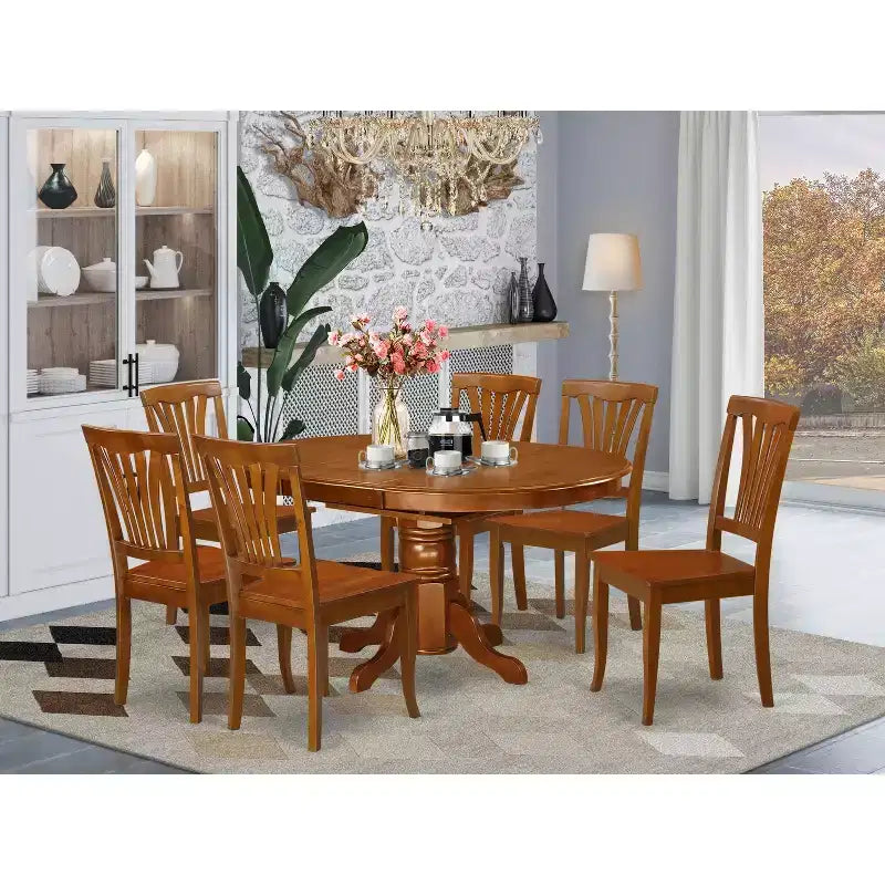 Table à manger 7 pièces ovale en bois massif finition brun selle avec 6 chaises avec