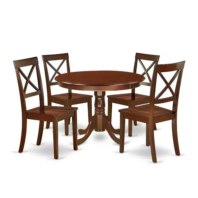Victorian Dinette Set for 4 - 42 Inch Round Table & 4 Chairs - Mahogany Finish Dining Room Furniture