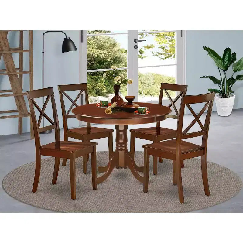 Ensemble de salle à manger victorien pour 4 personnes - Table ronde de 107 cm et 4 chaises - Meubles de salle à manger finition acajou