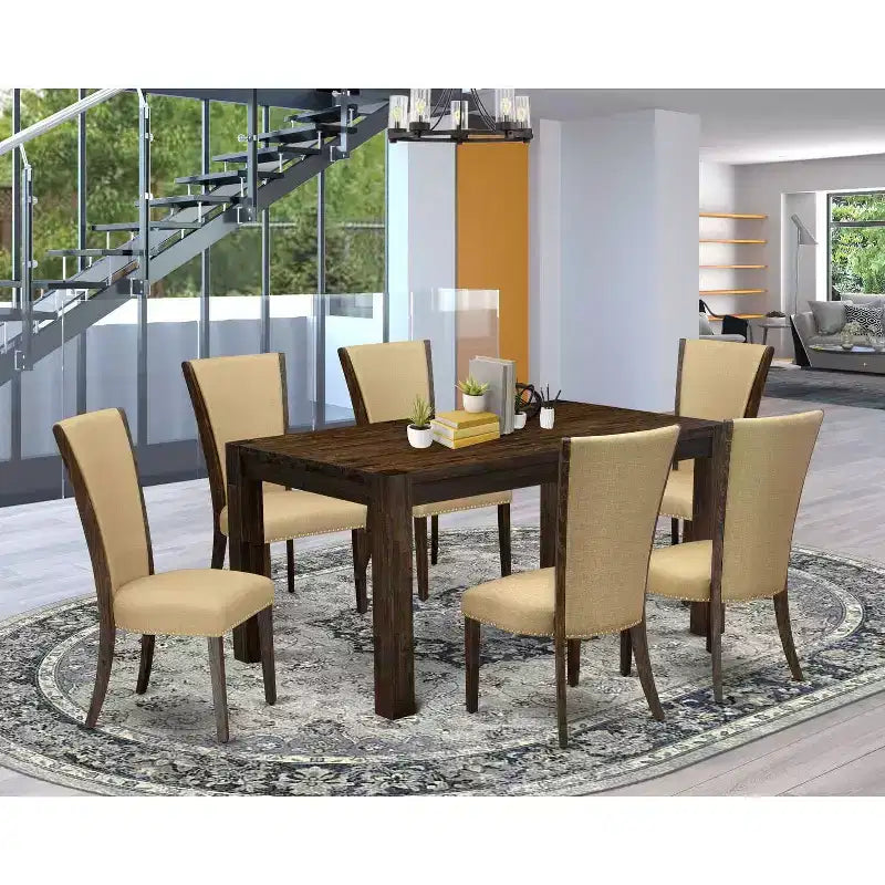 Table de salle à manger HomeStock 7 pièces avec plateau en bois massif finition jacobine vieillie et 6 chaises Parson