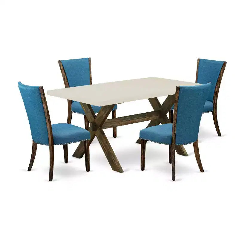 HomeStock 5-Piece Distressed Jacobean Finish Solid Wood Top Dining Table with 4 Parson Chair