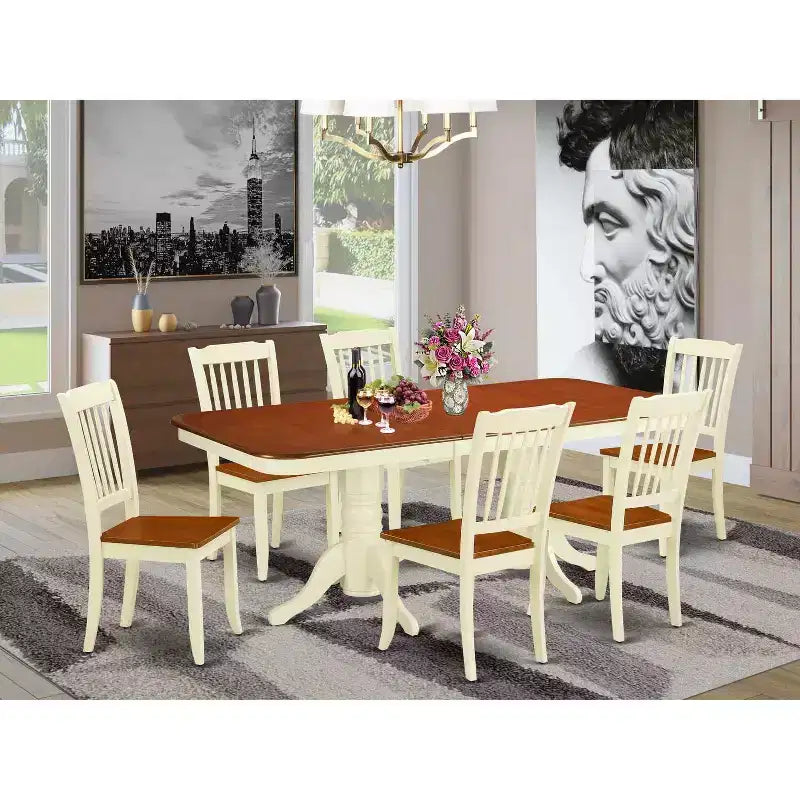 Ensemble de salle à manger Art Déco 7 pièces Table rectangulaire avec rallonge et 6 chaises - 152x198 cm