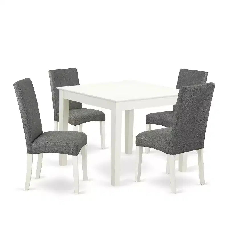 French Country Dining Set 5Pc Square Table & Chairs - Linen White Legs, Gray Fabric