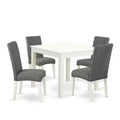 French Country Dining Set 5Pc Square Table & Chairs - Linen White Legs, Gray Fabric