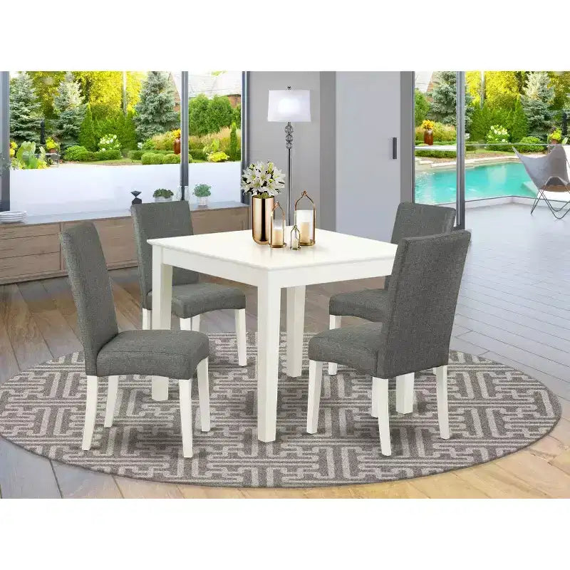 Ensemble Salle à Manger Campagne Française 5 Pièces Table Carrée & Chaises - Pieds Blanc Lin, Tissu Gris