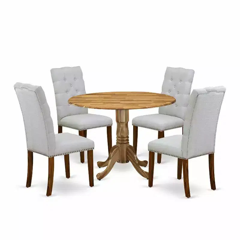HomeStock 5-Piece Round Natural Oak Finish Solid Wood Top Dining Table with 4 Parson Chair