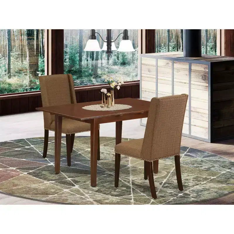 Ensemble de salle à manger 3 pièces HomeStock avec plateau rectangulaire en bois massif finition acajou et rallonge papillon