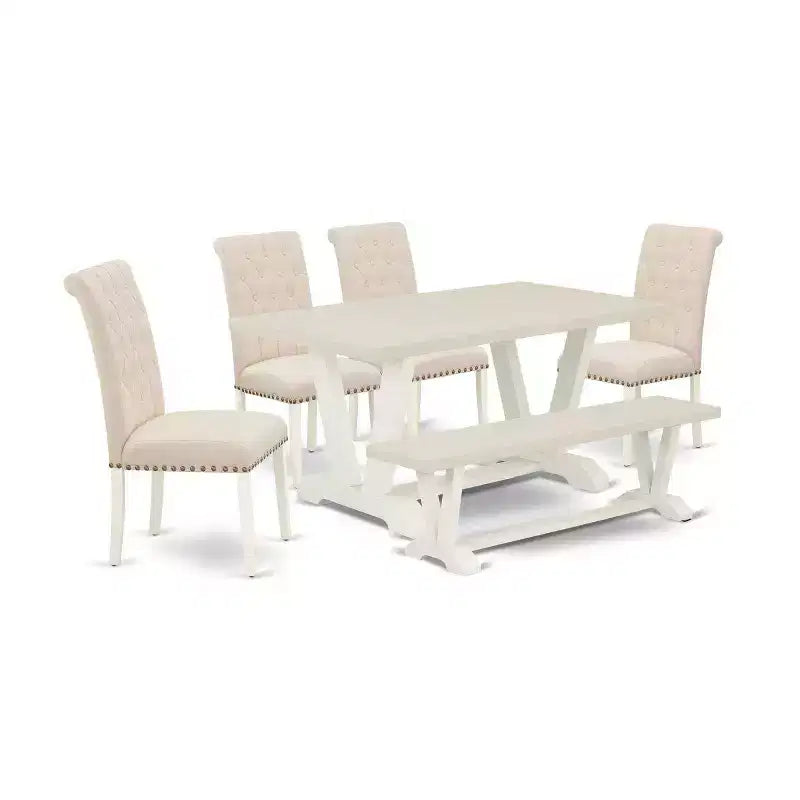 HomeStock 6-Pc Natural Oak Finish Solid Wood Top dining Table with 1-Bench and 4-Chairs