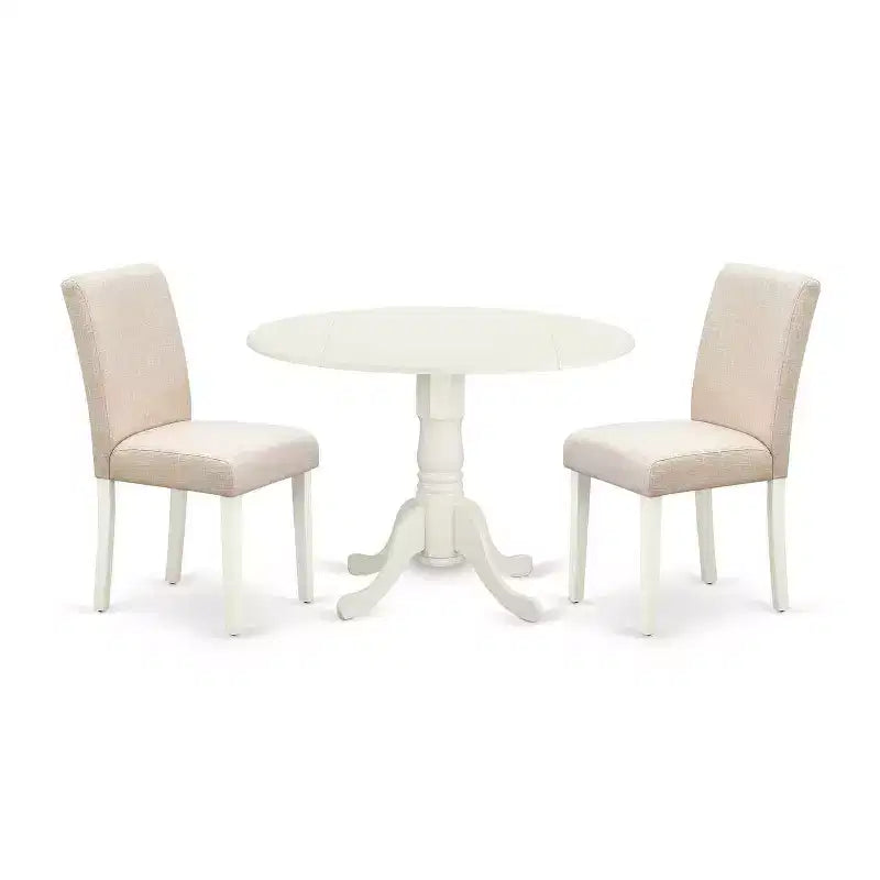 Round Dining Table Set 3pc 42 Table w/ Drop Leaves & 2 Parsons Chairs - Linen Beige Fabric