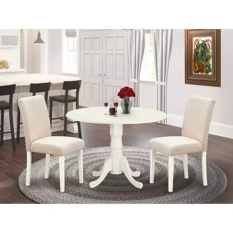 Ensemble de salle à manger rond 3 pièces Table 42" avec rallonges et 2 chaises Parsons - Tissu Lin Beige