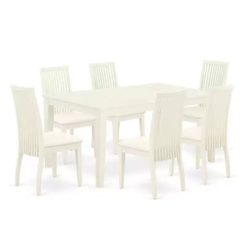 HomeStock 7-Piece Rectangle Linen White Finish Solid Wood Top Dining Table with 6 Chairs