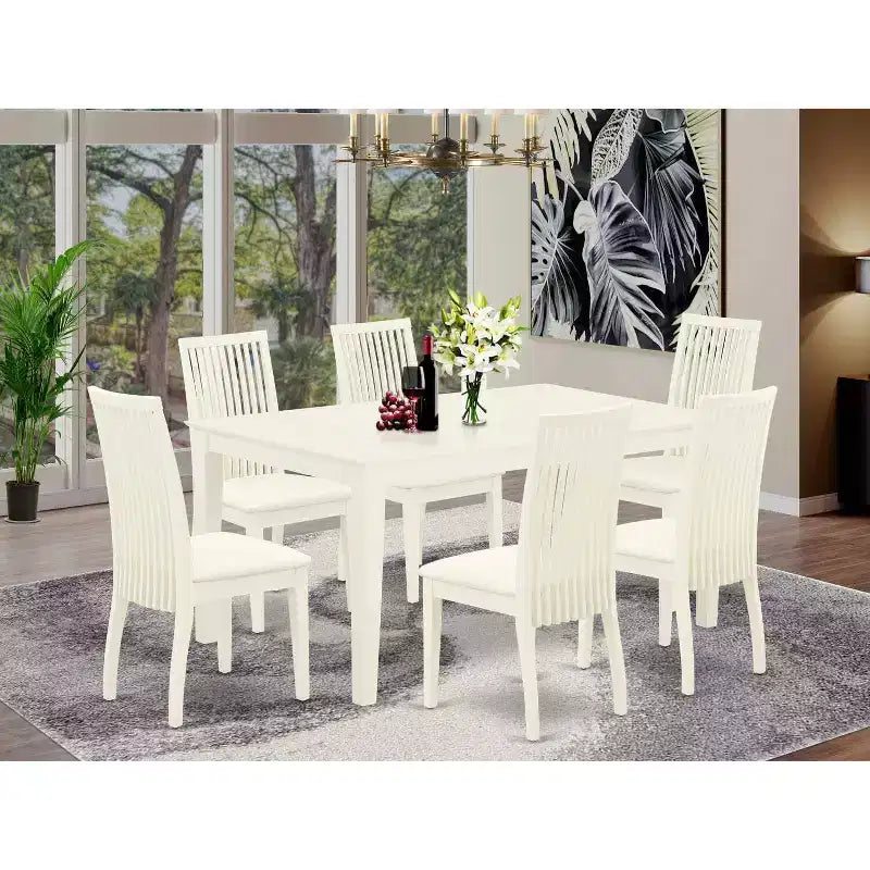 HomeStock Ensemble de salle à manger 7 pièces avec table rectangulaire plateau en bois massif finition lin blanc et 6 chaises