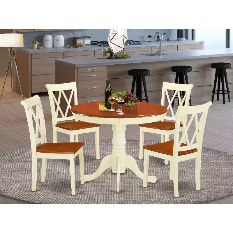 HomeStock – Ensemble de salle à manger 5 pièces en bois massif et plateau rond, finition babeurre et cerisier, 1 table et 4 chaises à dossier croisé
