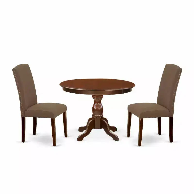 3-Piece Mahogany Finish Solid Wood Top - Button Tufted Upholstered Dining Room Set - Seats 4