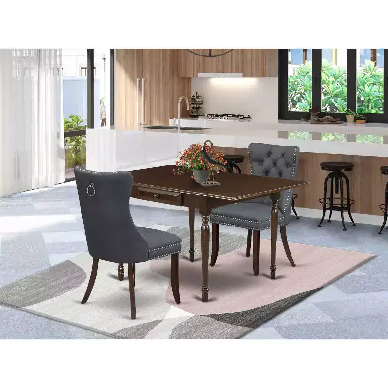 Ensemble de salle à manger 3 pièces HomeStock avec plateau rectangulaire en bois massif finition acajou et rabats