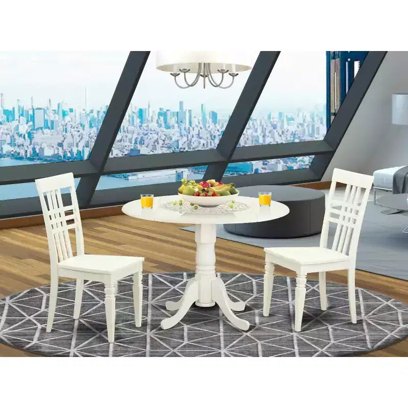 Ensemble table de cuisine ronde – Mobilier de salle à manger 3 pièces avec table à rabats et 2 chaises – Blanc 107 cm